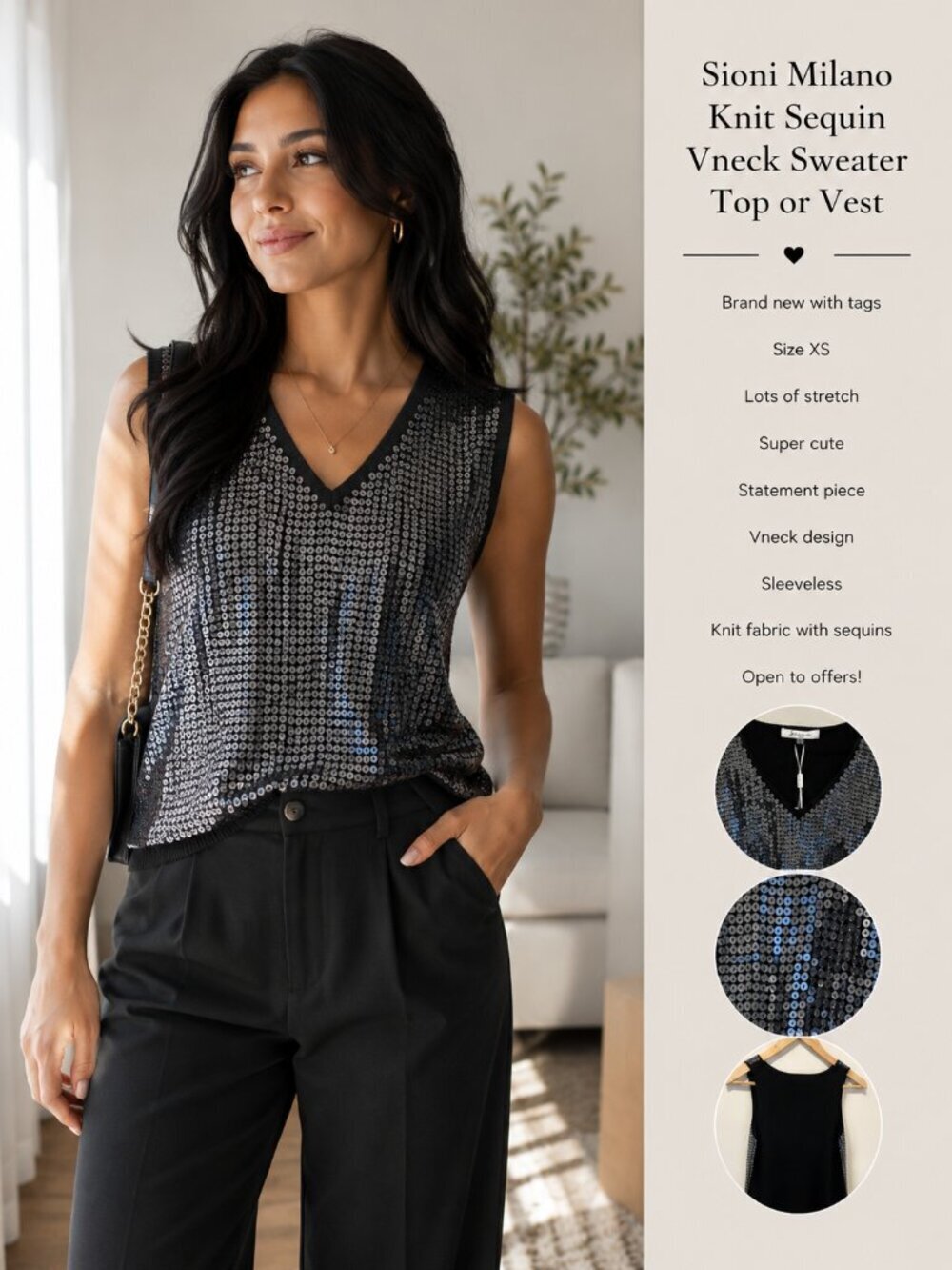 NWT ~ Sioni Milano Knit Sequin Vneck Sweater Top or Vest 🖤